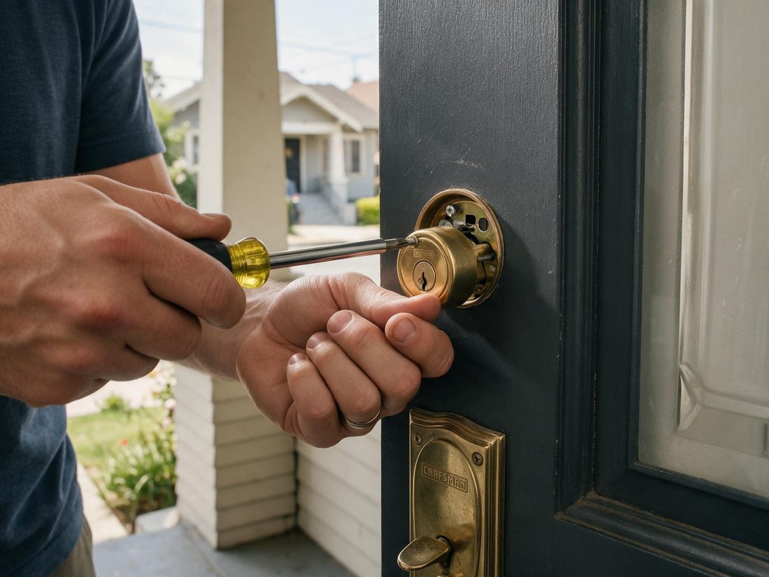 A locksmith installing a new brass deadbolt on a Craftsman front door at a Mid-City Los Angeles Craftsman duplex with an arched porch in Los Angeles, CA