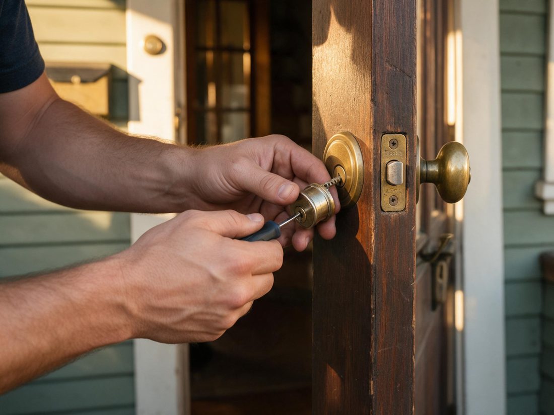 A close view of a locksmith rekeying an original-style front-door lock inside a Mid-City Craftsman entryway in Mid-City, CA