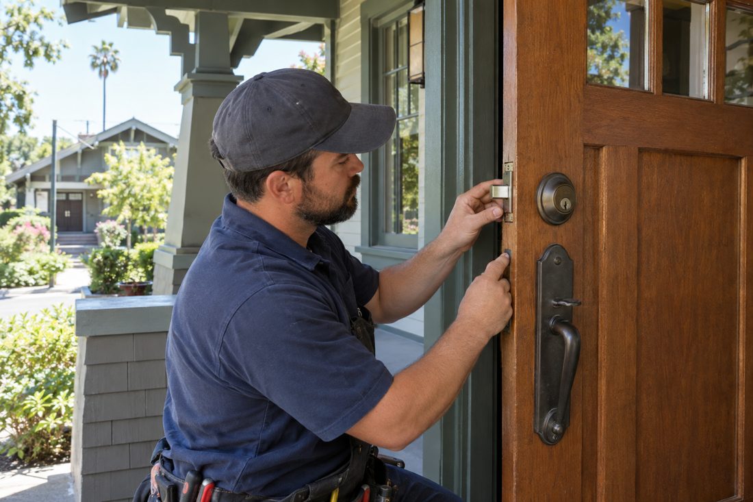 A locksmith aligns a new deadbolt with the strike plate inside a Wellington Square Craftsman home in Wellington Square, CA